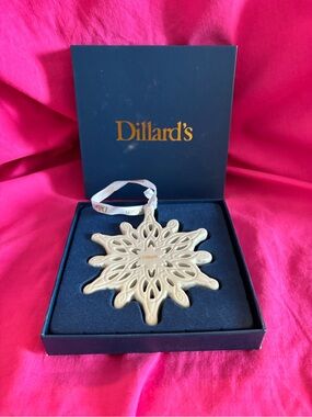 Dillard's 2019 White Ceramic Snowflake Ornament with Branded Ribbon